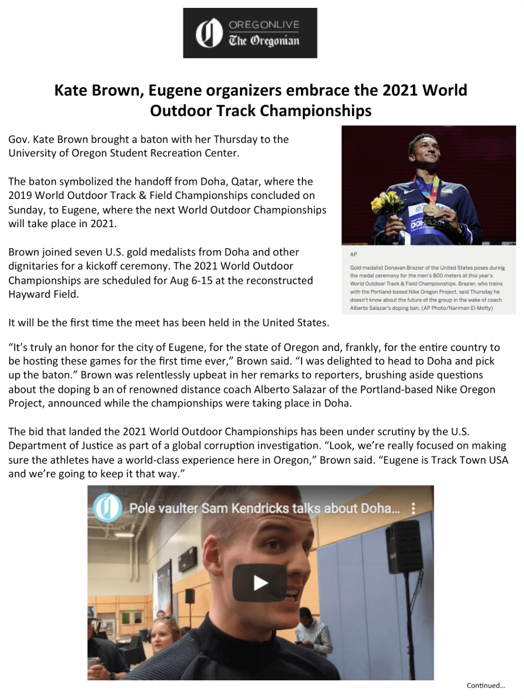 OregonLive The Oregonian Kate Brown, Eugene organizers embrace the 2021 World Outdoor Track Championships