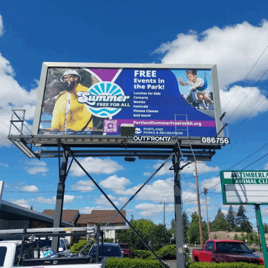 Billboard with the Summer Free for All event information.