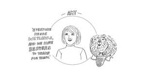 Black and white drawing, illustration of woman and beaver with the handwritten words, "Everyone Needs Wetlands and we have Beavers to Thank for them."